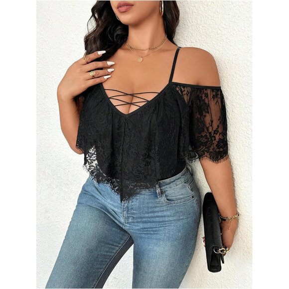 Plus Size Sheer Lace Bodysuit with Cold Shoulder and Deep V Neck - X-Large - Picture 4 of 5